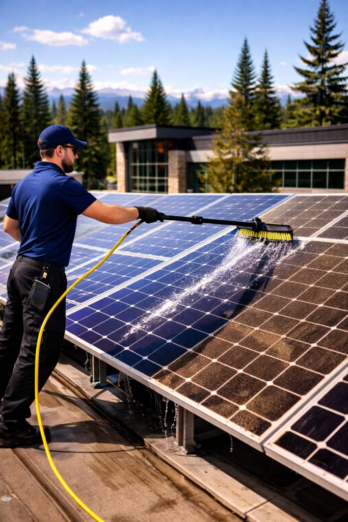 Solar panel cleaning on a commercial building in Bend Oregon
