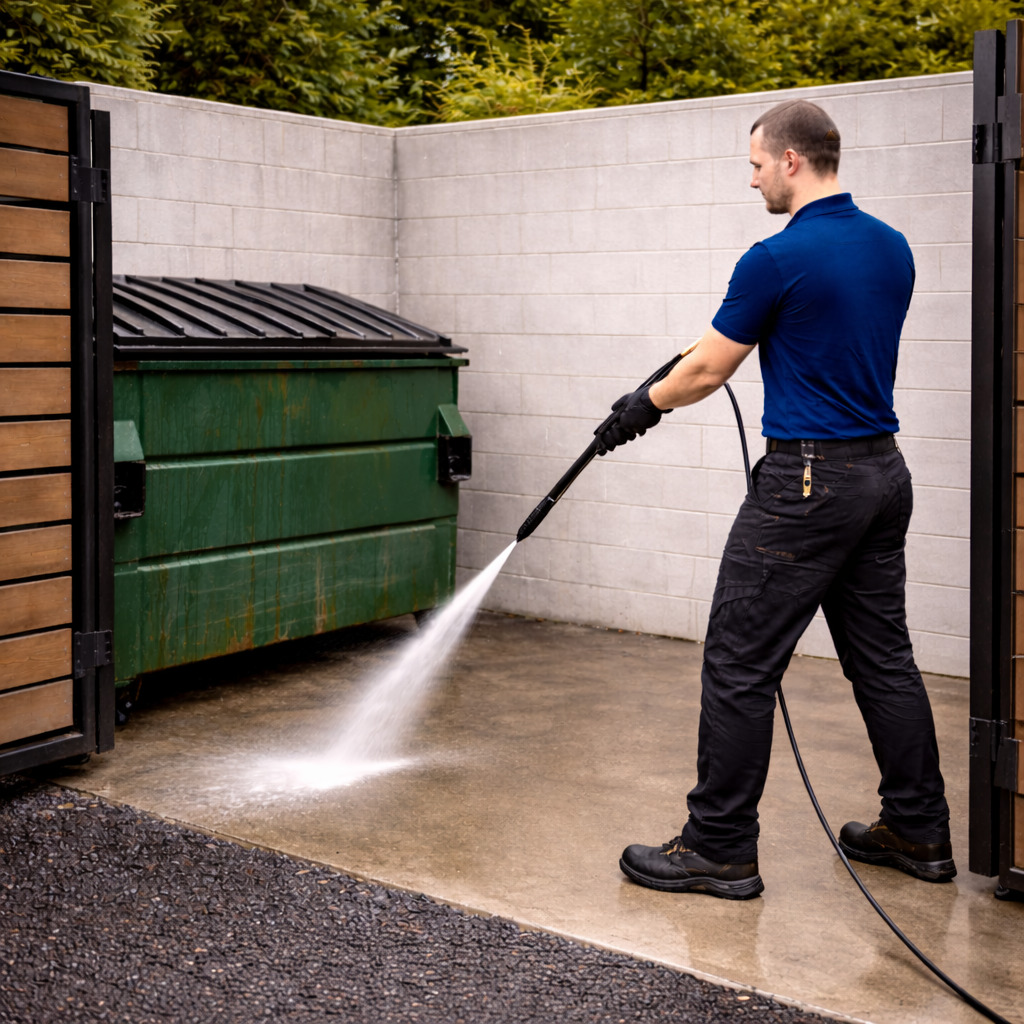 Pressure washing a dumpster enclosure at a business property in Bend Oregon