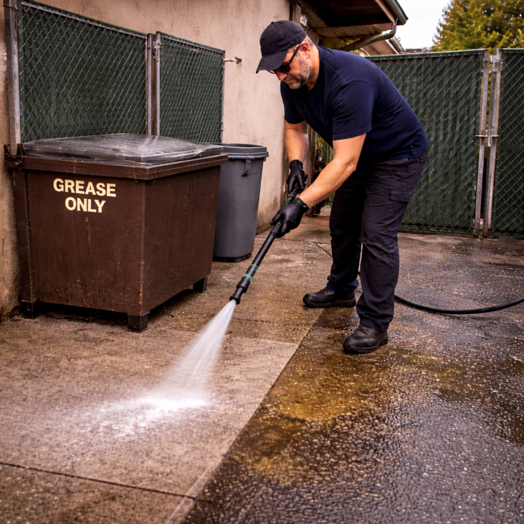 Exterior grease bin or enclosure cleanup near a food service property in Bend Oregon
