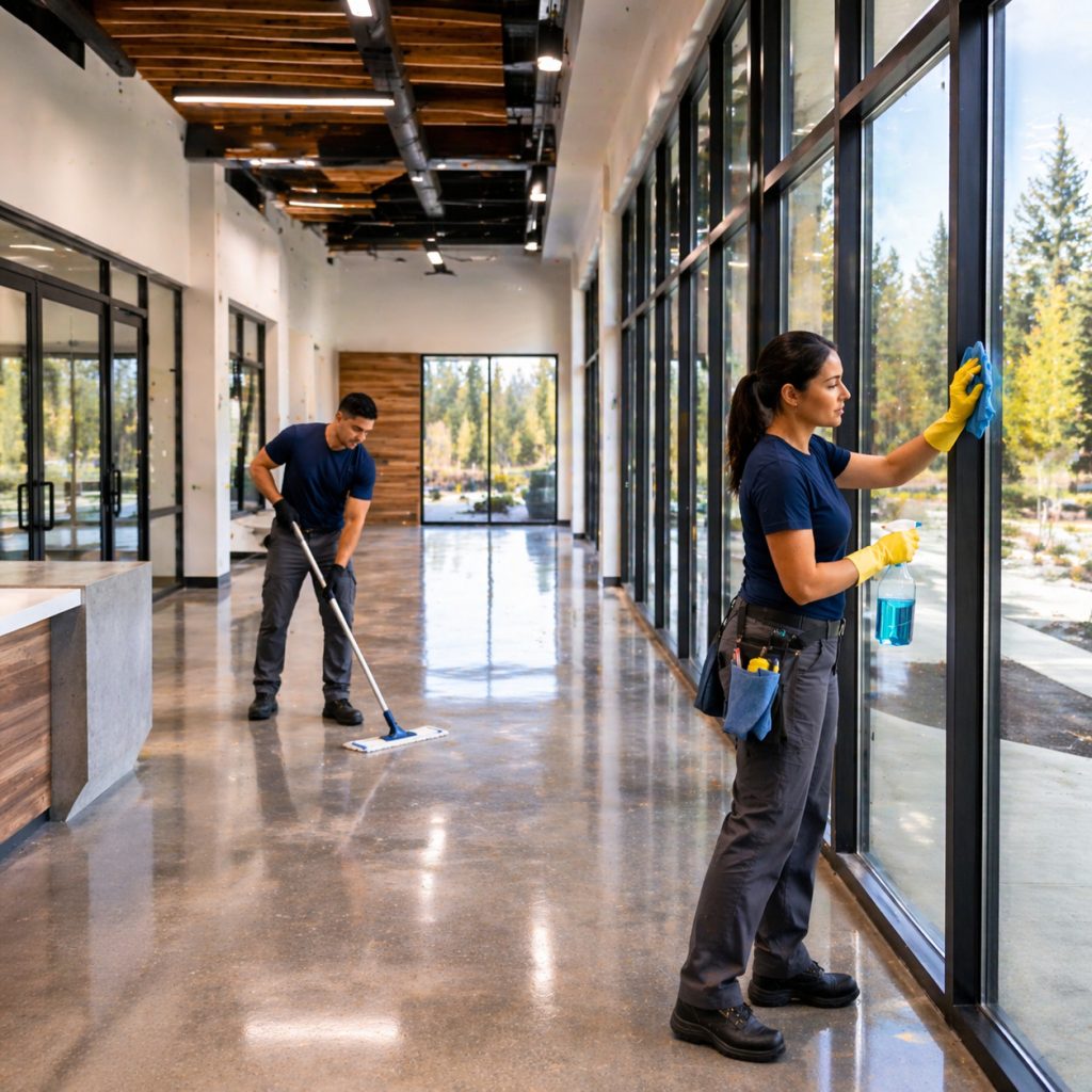 Final construction cleaning in a Bend Oregon commercial building showing a polished finished interior