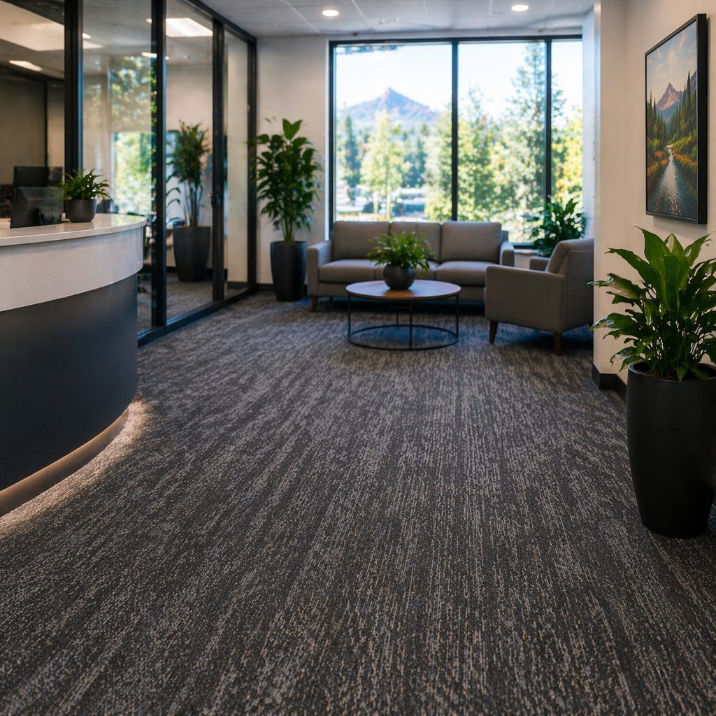 Finished office carpet cleaning in Bend Oregon showing clean carpet in a lobby area