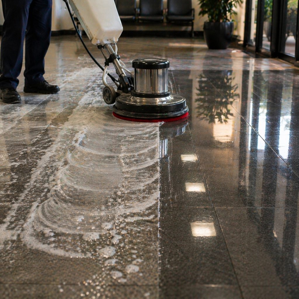 Floor stripping and waxing in Bend Oregon showing a commercial hard floor being restored