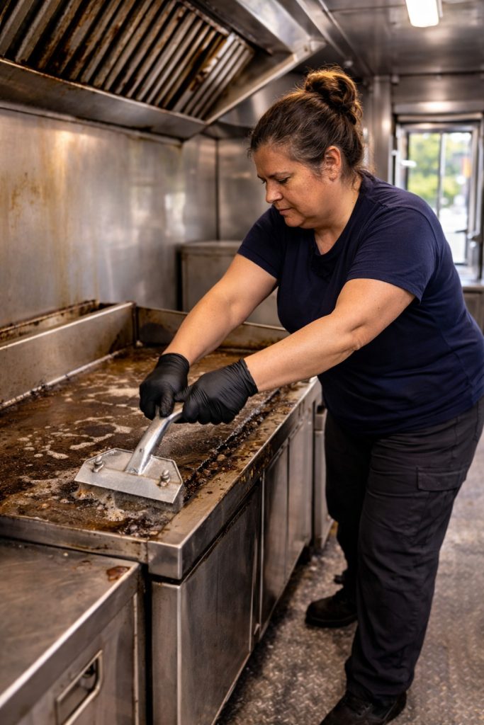 Deep cleaning the interior cooking line of a food truck in Bend Oregon with a cleaner scrubbing greasy stainless surfaces