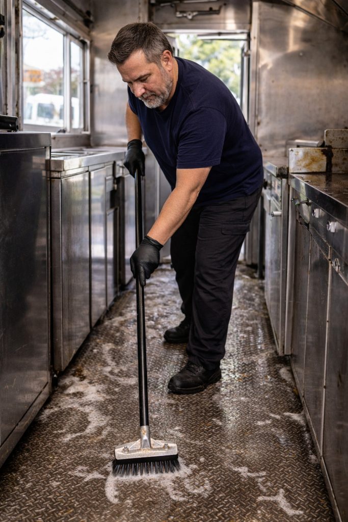Food truck floor deep cleaning and degreasing in a Bend Oregon mobile kitchen