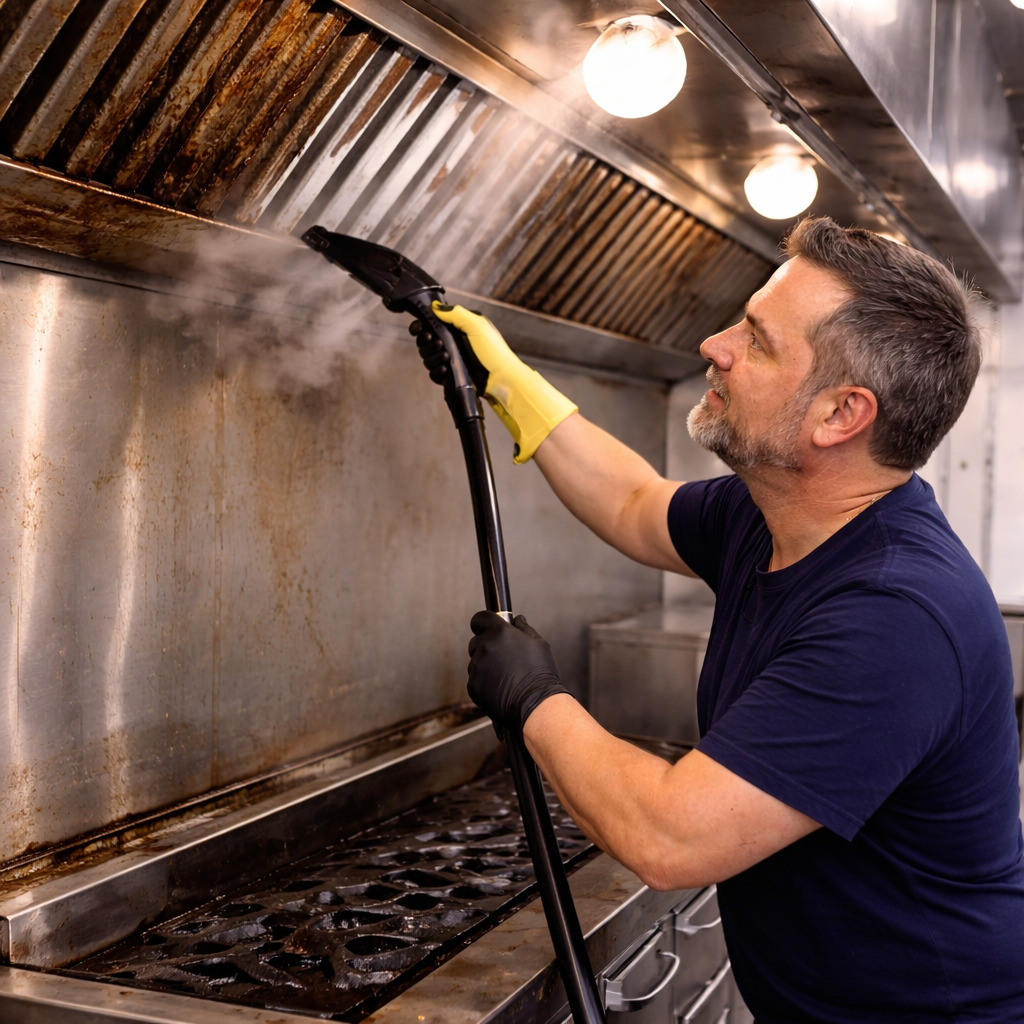 Food truck hood filters and wall cleaning in a Bend Oregon mobile kitchen with visible grease removal