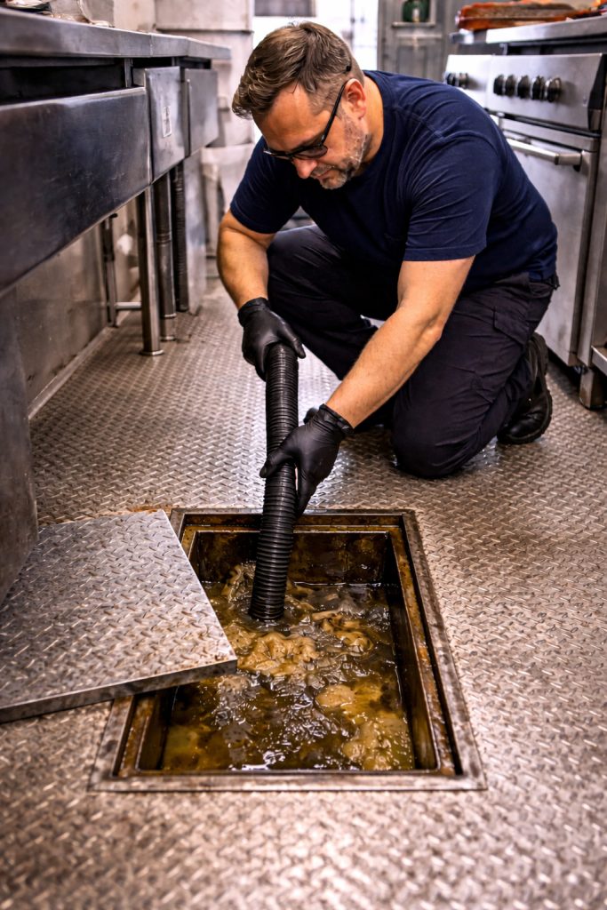 Grease interceptor cleaning in Bend Oregon with buildup removal and service hose connected