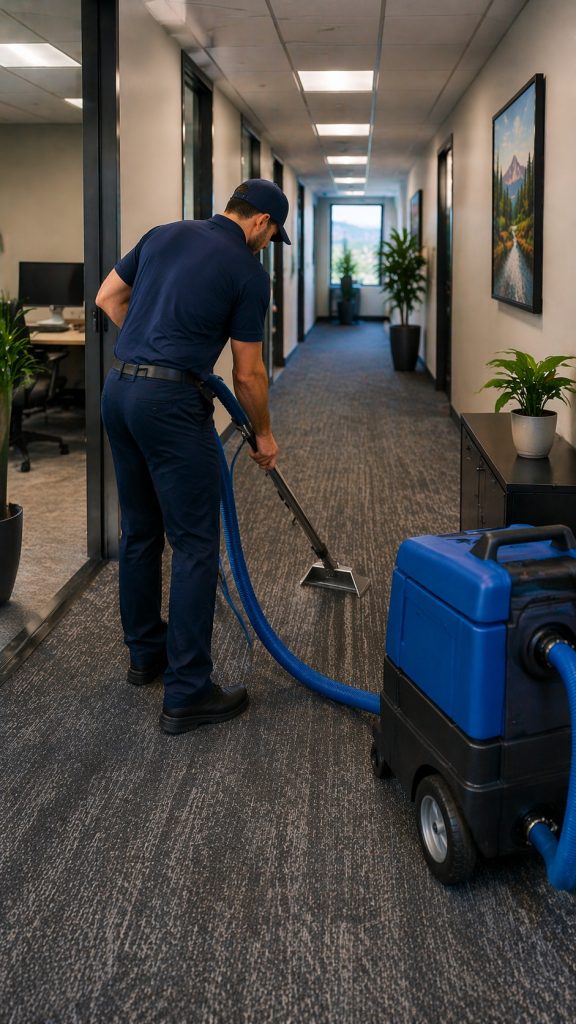 High traffic carpet cleaning in a Bend business hallway with visible floor care equipment