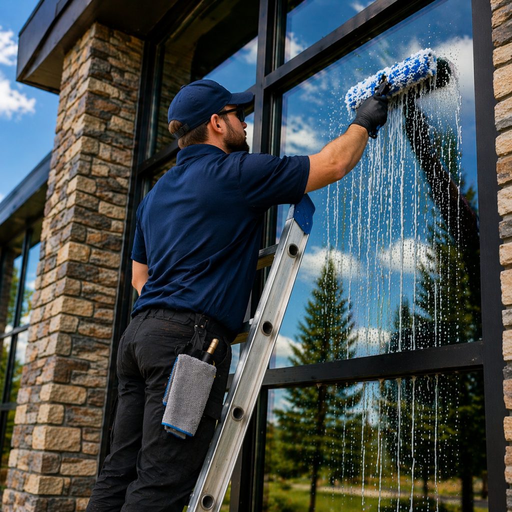 Window washing on a ladder at a commercial building in Bend Oregon