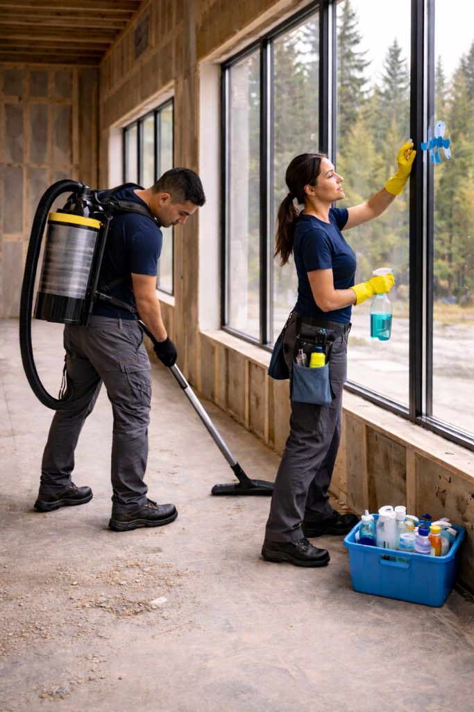 Post-construction cleaning of an office building in Bend Oregon with workers cleaning interior surfaces