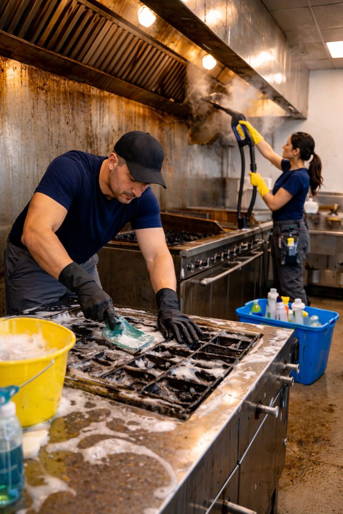 Restaurant deep cleaning of a greasy kitchen in Bend Oregon with detailed cleaning on heavy buildup areas