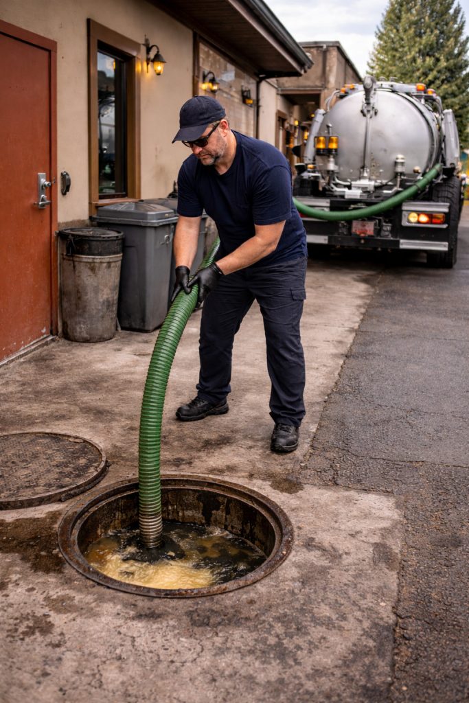 Grease trap pumping at a restaurant exterior service area in Bend Oregon