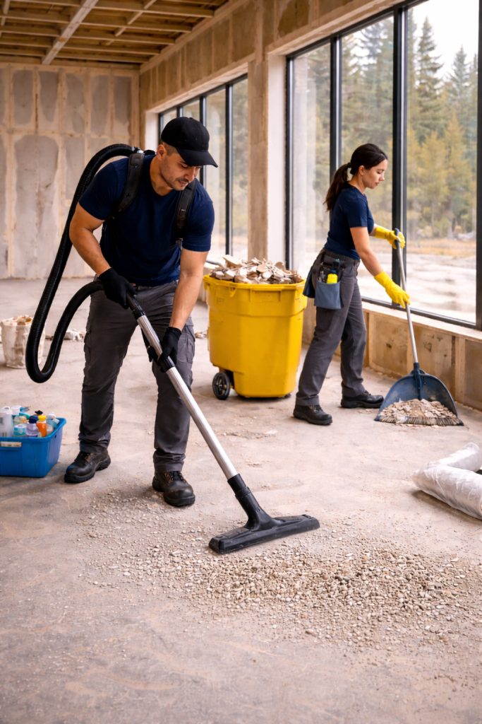 Rough construction cleaning in a commercial space in Bend Oregon with visible dust and debris removal