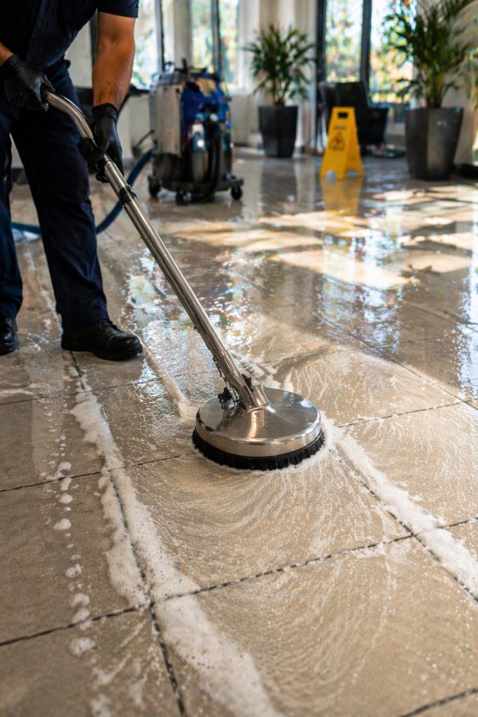 Tile and grout cleaning in a Bend business with close-up detail of cleaned hard floor surfaces