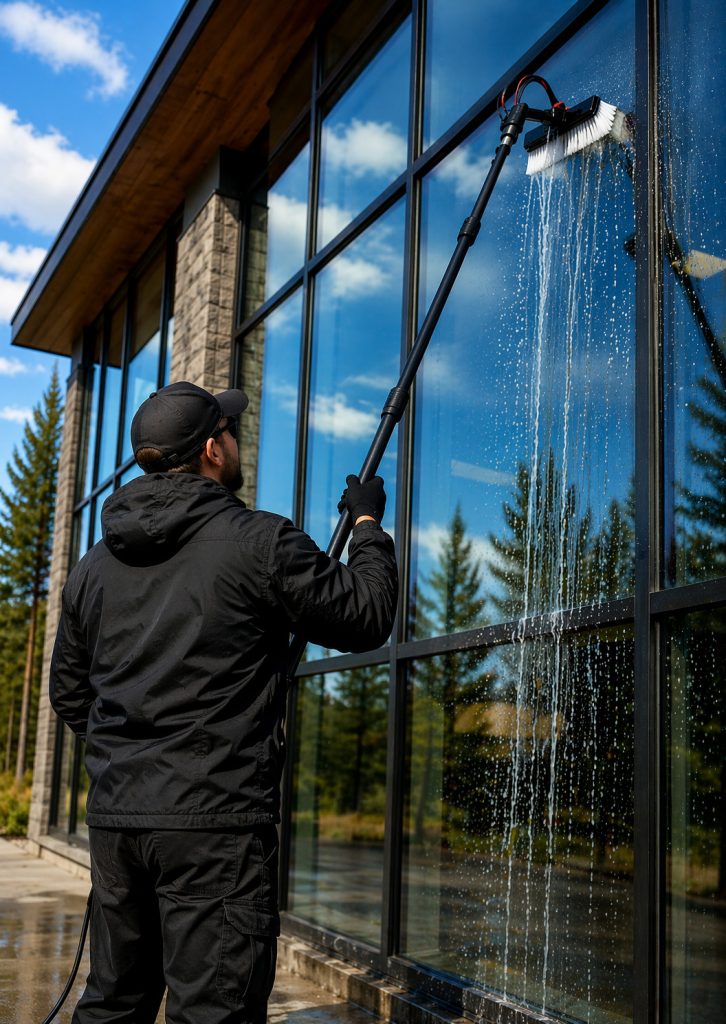 Commercial window washing in Bend Oregon using a water fed pole on exterior office windows