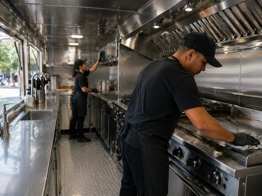Food Truck Deep Cleaning in Bend Oregon Food truck deep cleaning service in Bend Oregon cleaning stainless surfaces, cooking equipment, and interior work areas
